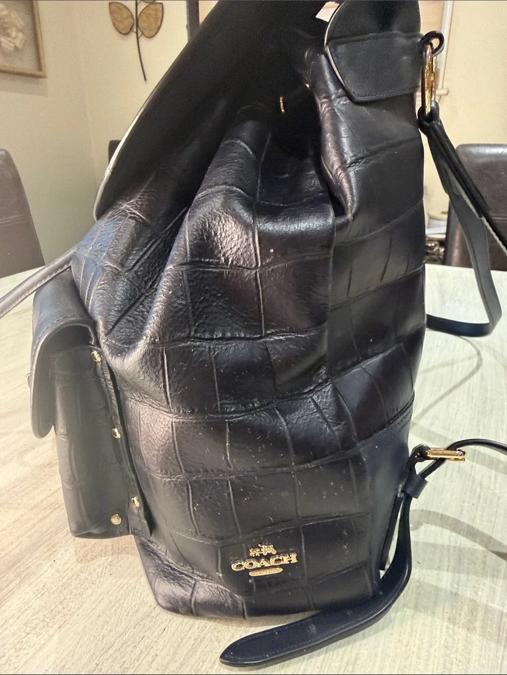Coach Dark Navy Croc-Embossed Leather Rucksack  Backpack with Gold-Tone Hardware